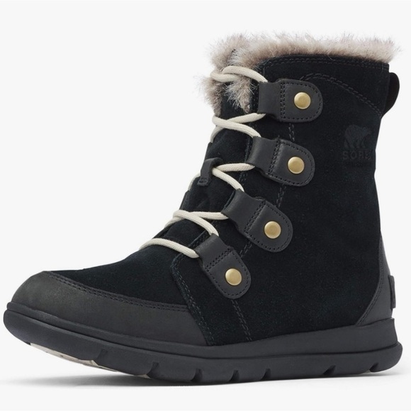 Sorel Explorer Joan Black Suede Winter Boots with Fur Trim - Picture 1 of 12